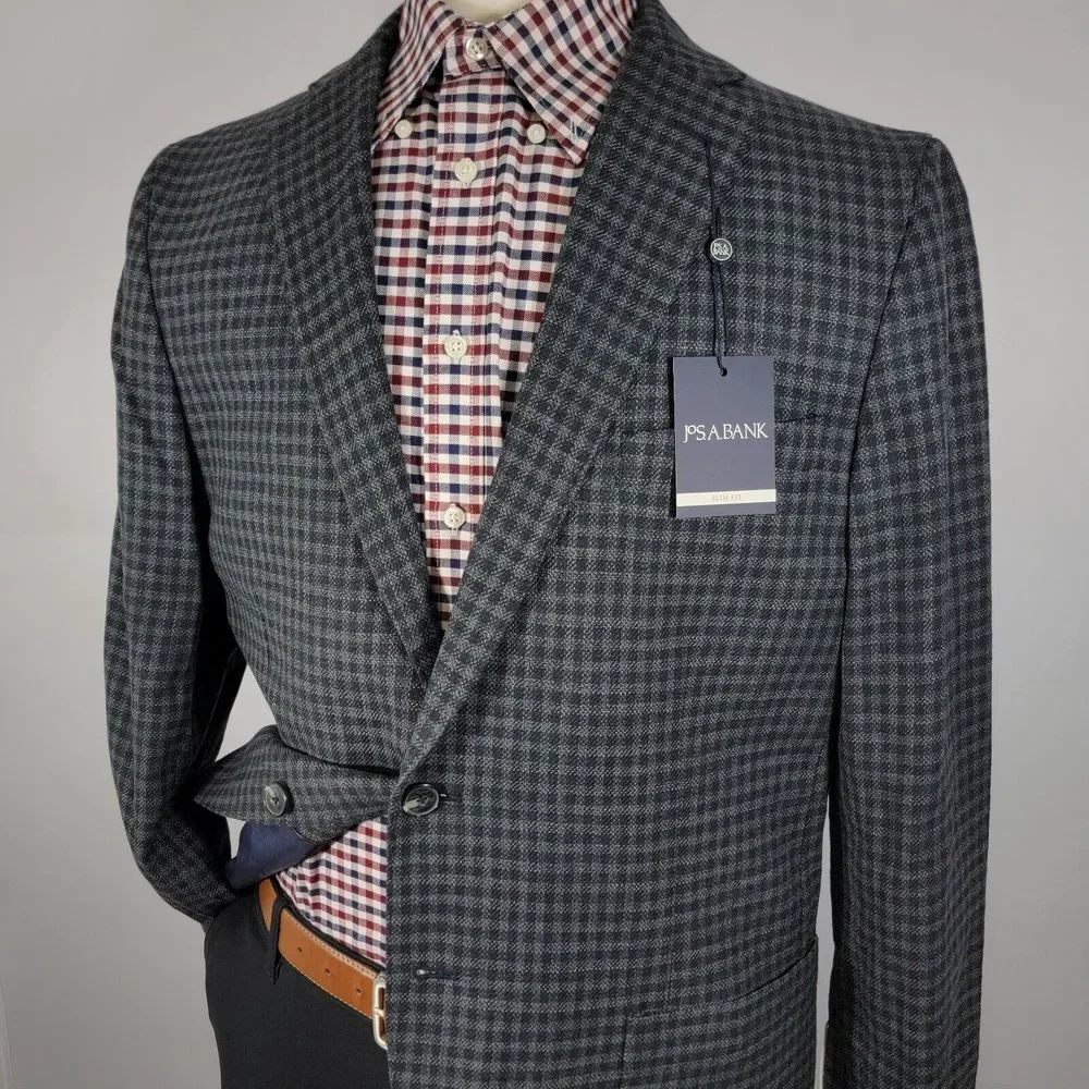 JOS A BANK Men's Sport Coat Two‎ Button Gray Black Check Wool Blend Slim Fit 46R